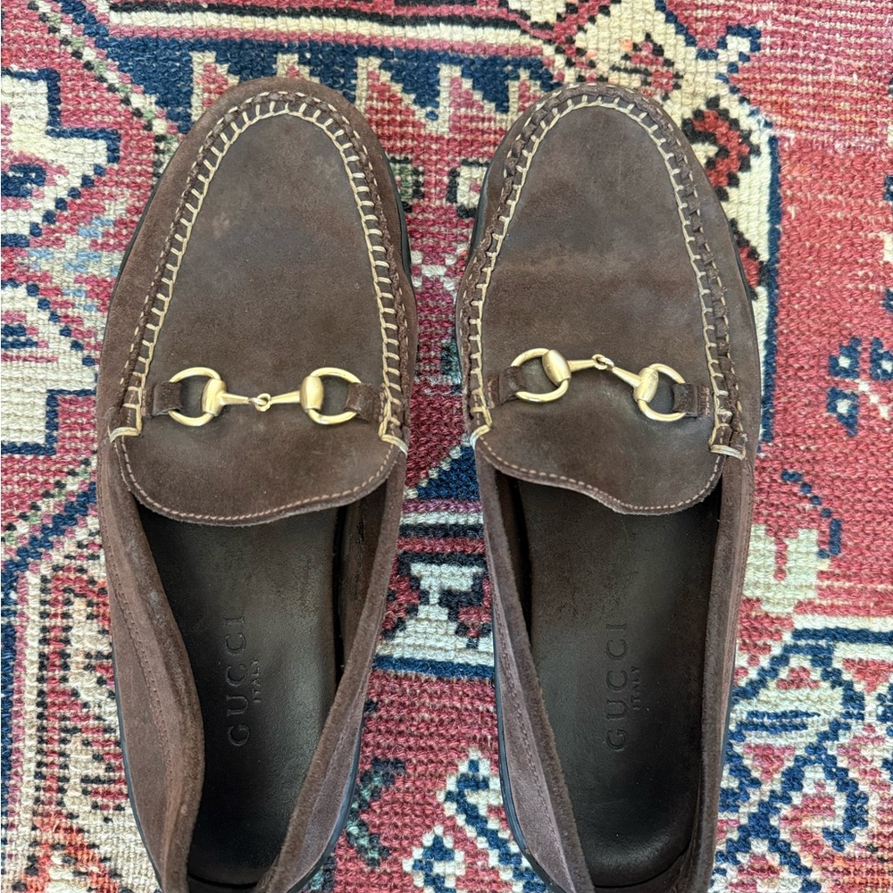 Gucci Dark Brown Suede Loafers with Gold